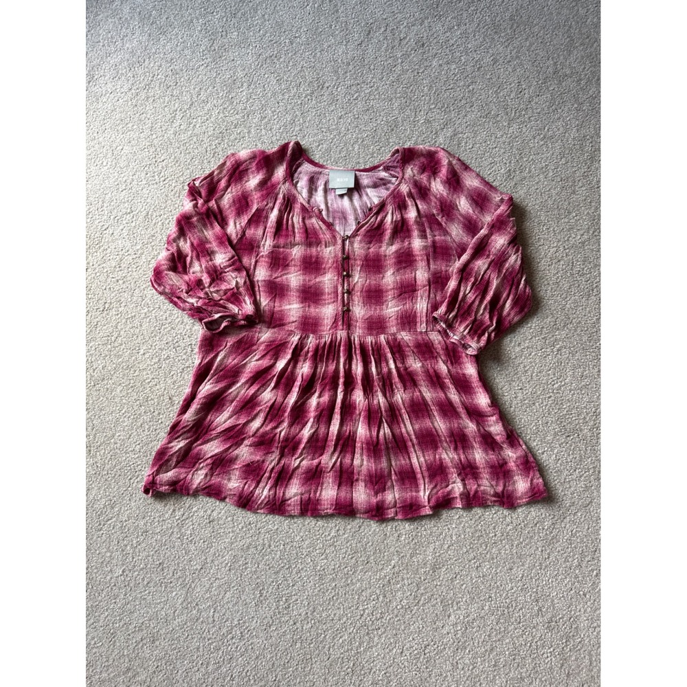 Maeve Anthropologie Pink Plaid Babydoll Tunic Top Large Gauze 3/4 Sleeve Blouse
